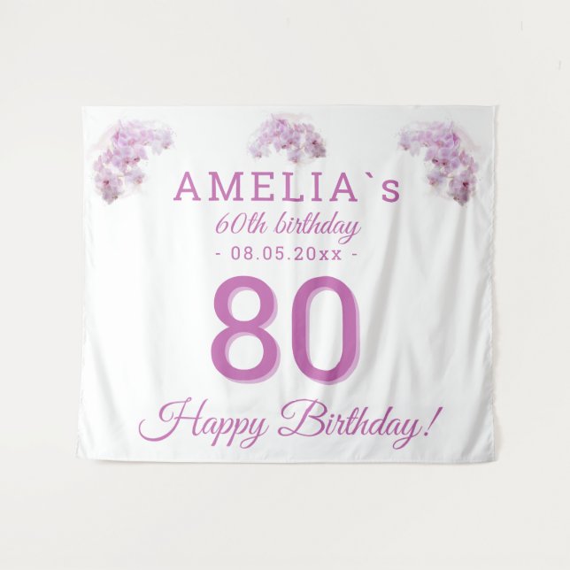 Pink Orchid Watercolor 80th Birthday Backdrop Tapestry (Front (Horizontal))
