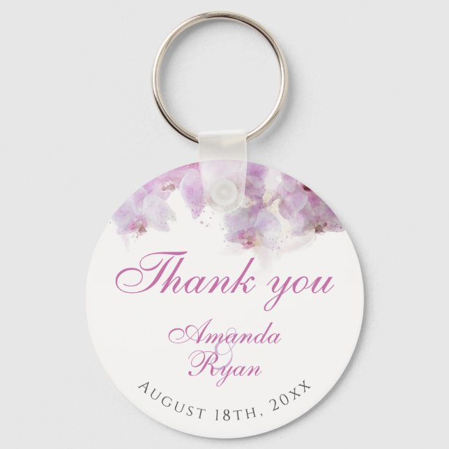 Pink Orchid Watercolor Flower Thank you Wedding  Keychain (Front)