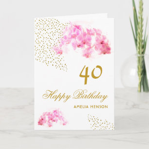 Pink Orchid Watercolor Gold Glitter 40th Birthday Card