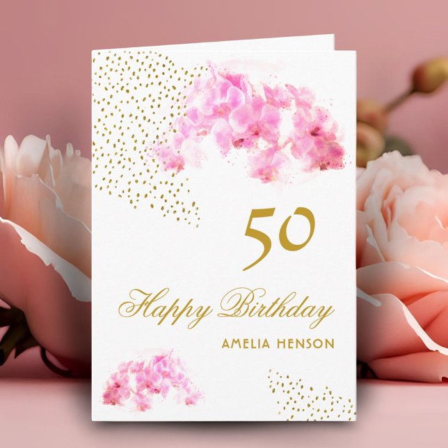Pink Orchid Watercolor Gold Glitter 50th Birthday Card (Creator Uploaded)