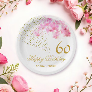 Pink Orchid Watercolor Gold Glitter 60th Birthday Paper Plate