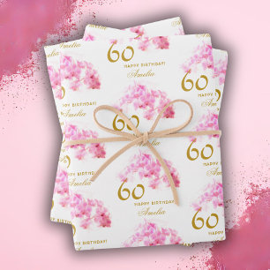 Pink Orchid Watercolor Gold Glitter 60th Birthday Wrapping Paper Sheet