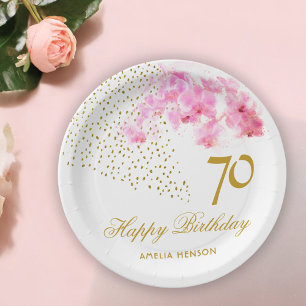 Pink Orchid Watercolor Gold Glitter 70th Birthday Paper Plate