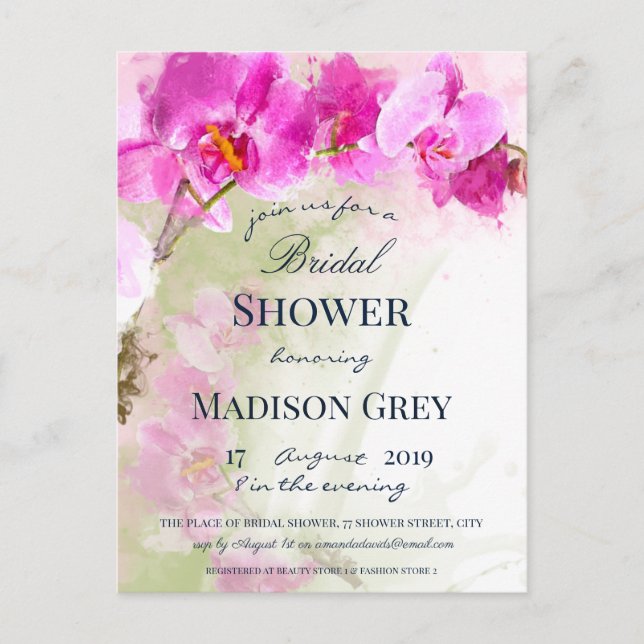 Pink Orchid Watercolor Splash Bridal Shower Postcard (Front)