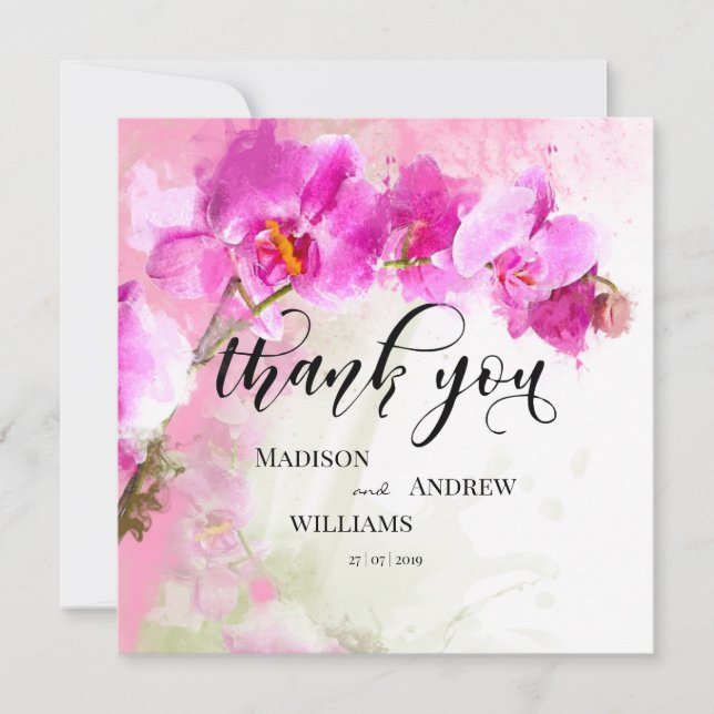 Pink Orchid Watercolor Splash Thank You Card (Front)
