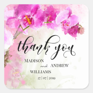 Pink Orchid Watercolor Splash Thank You Square Sticker