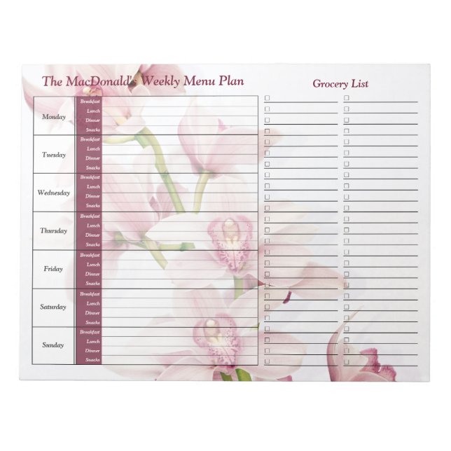 Pink Orchid Weekly Personalized Meal Planner Notepad (Front)