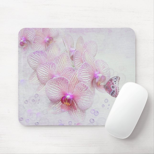 Pink Orchids and Butterfly  Mouse Pad (With Mouse)
