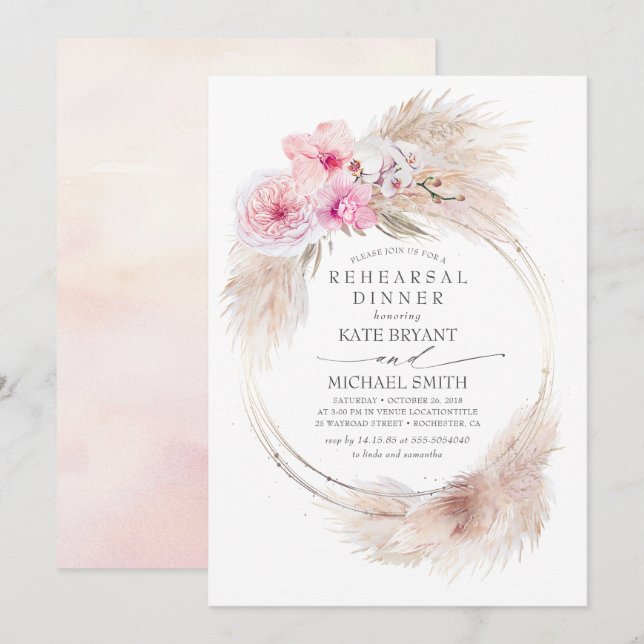 Pink Orchids and Pampas Grass Rehearsal Dinner Invitation (Front/Back)