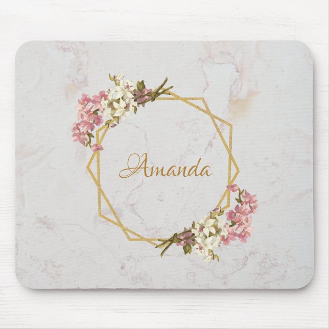 Pink Orchids Elegant Floral Girly Name Marble Gold Mouse Pad (Front)
