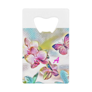 Pink orchids flowers and butterflies credit card b bottle opener
