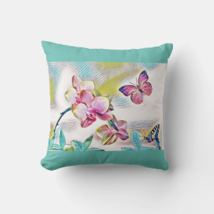 Pink orchids flowers and butterflies throw pillow