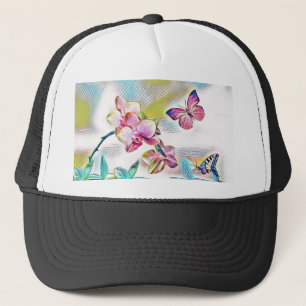 Pink orchids flowers and butterflies trucker hat