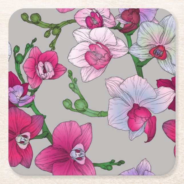 Pink Orchids In Bloom Square Paper Coaster (Front)