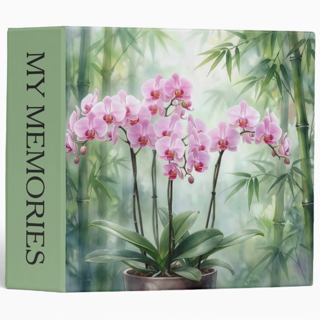 Pink Orchids On Green Bamboo Background Binder (Front/Spine)