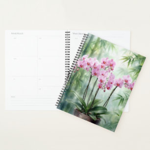 Pink Orchids On Green Bamboo Background Planner