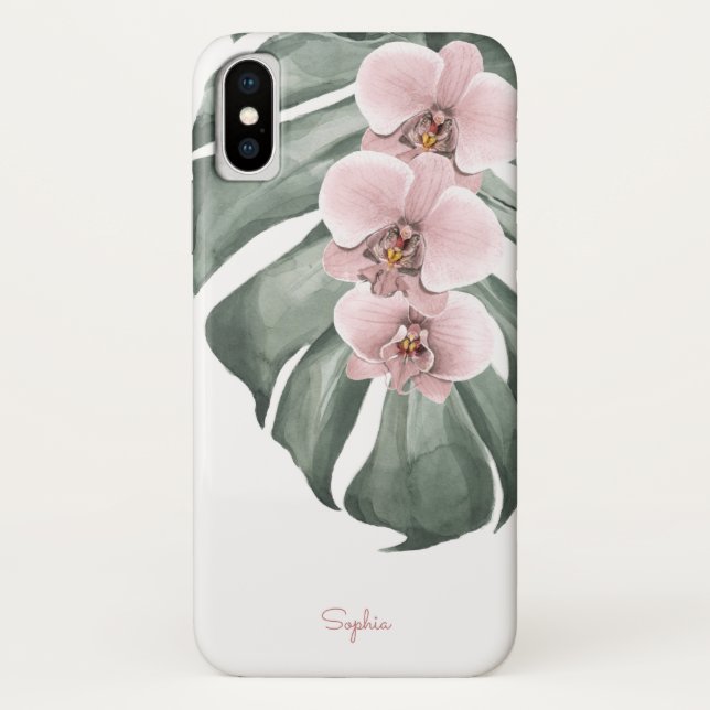 Pink Orchids on Monstera Tropical Floral with Name Case-Mate iPhone Case (Back)