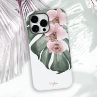 Pink Orchids on Monstera Tropical Floral with Name