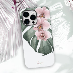 Pink Orchids on Monstera Tropical Floral with Name Case-Mate iPhone 14 Pro Max Case