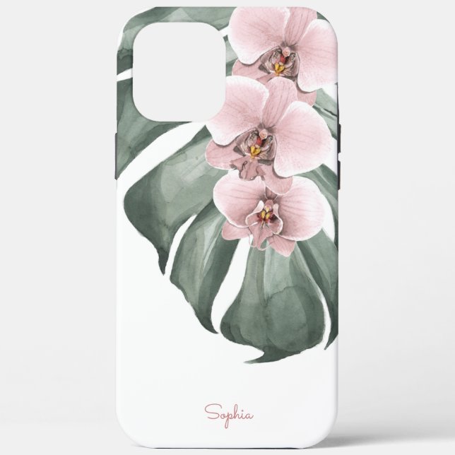 Pink Orchids on Monstera Tropical Floral with Name Case-Mate iPhone Case (Back)