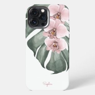 Pink Orchids on Monstera Tropical Floral with Name iPhone 13 Pro Max Case