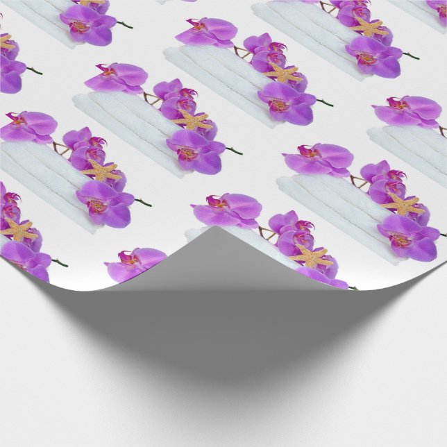 pink orchids on white towels with starfish wrapping paper (Corner)