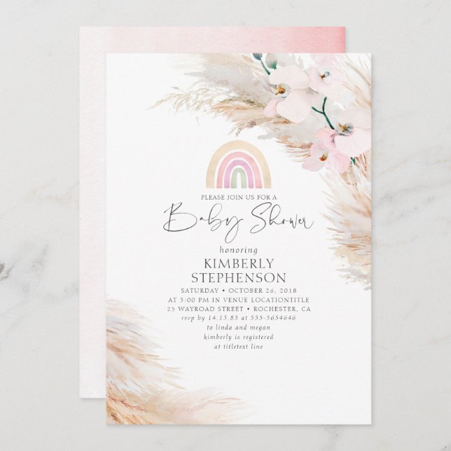 Pink Orchids Pampas Grass Rainbow Baby Shower Invitation (Front/Back)