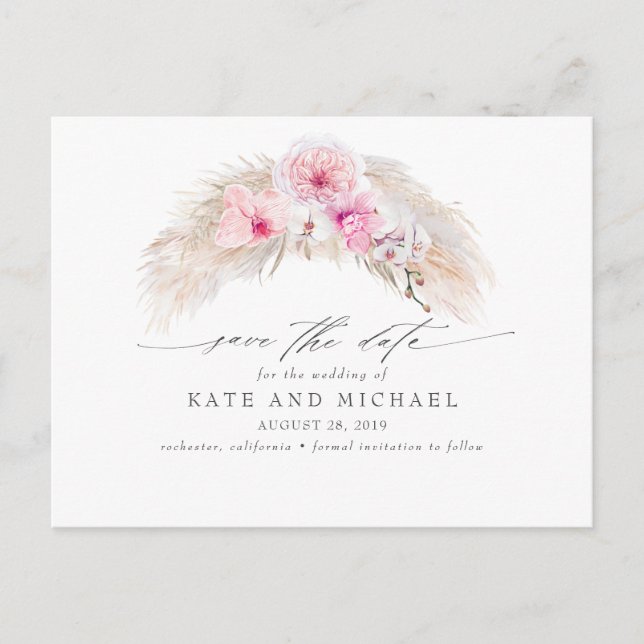 Pink Orchids Pampas Grass Tropical Save the Date Postcard (Front)