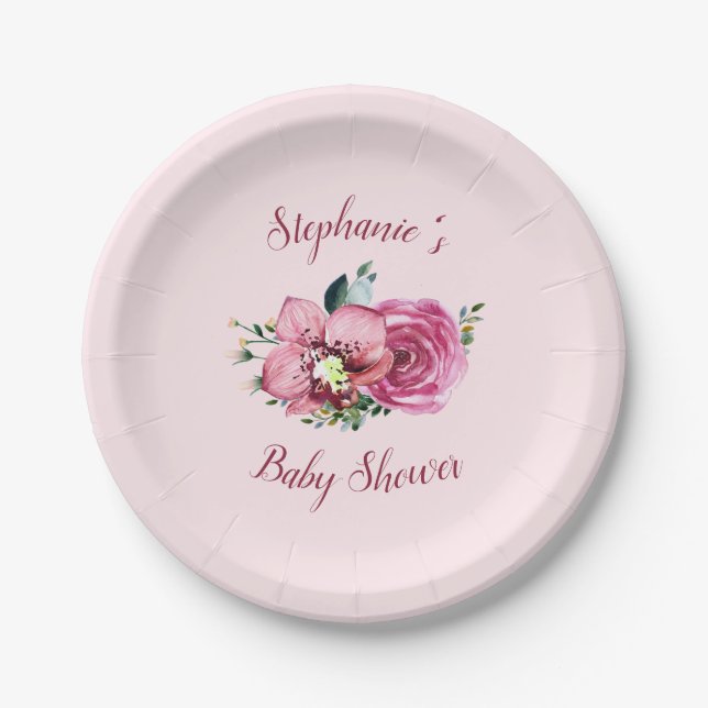 Pink Orchids & Roses Baby Shower Paper Plate (Front)