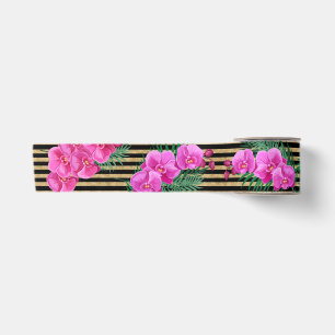 Pink Orchids Tropical Greenery Gold Glitter Satin Ribbon