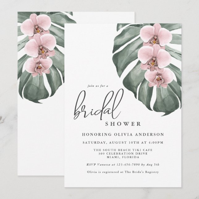 Pink Orchids Tropical Paradise Bridal Shower Invitation (Front/Back)