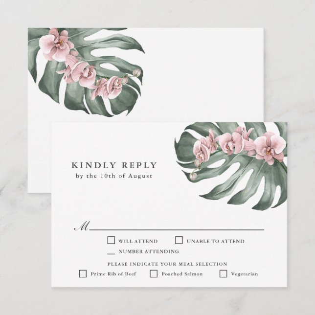 Pink Orchids Tropical Wedding RSVP with Entrees Card (Front/Back)