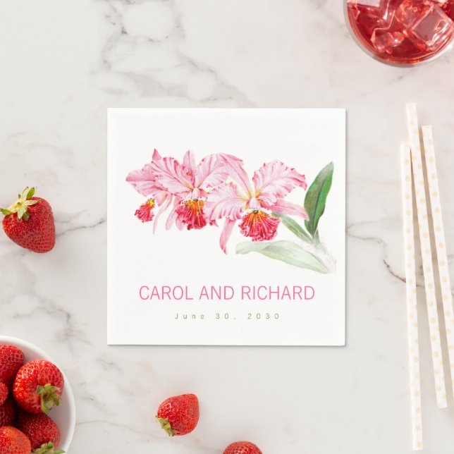 Pink Orchids Watercolor Name Date Wedding Napkin (Insitu)