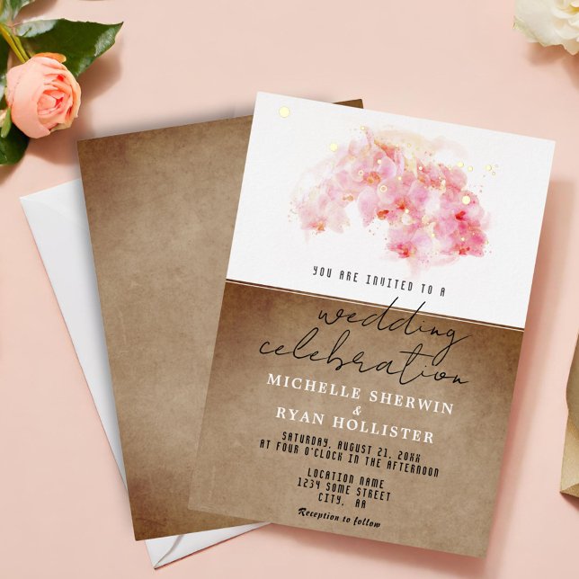 Pink Orchids Watercolor Old Paper Wedding Gold (Creator Uploaded)