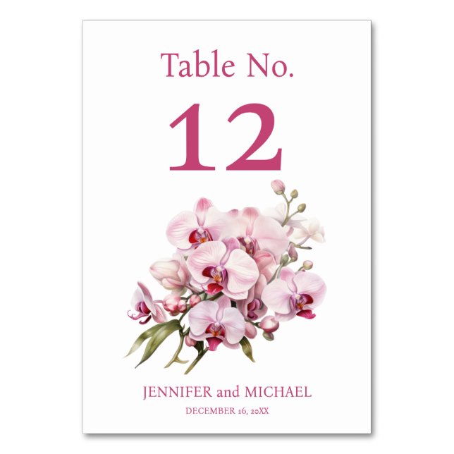 Pink Orchids Watercolor Wedding Table Number (Front)