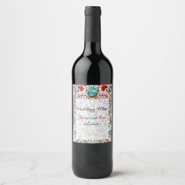 PINK ORIENTAL FLOWERS DAMASK BLUE GEM MONOGRAM WINE LABEL (Front)