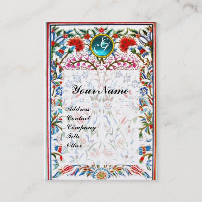 PINK ORIENTAL FLOWERS DAMASK MONOGRAM Blue Pearl Business Card (Front)
