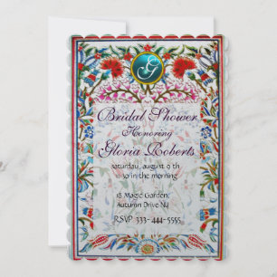 PINK ORIENTAL FLOWERS DAMASK MONOGRAM Blue Silver Invitation