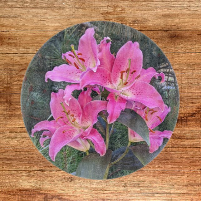 Pink Oriental Lilies Floral Cutting Board (In Situ)