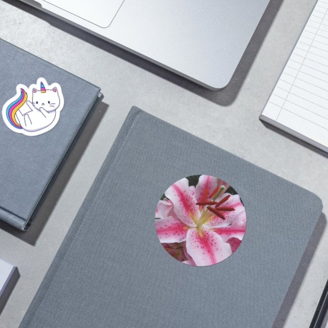 Pink Oriental Lily Floral Classic Round Sticker (In Situ Book)