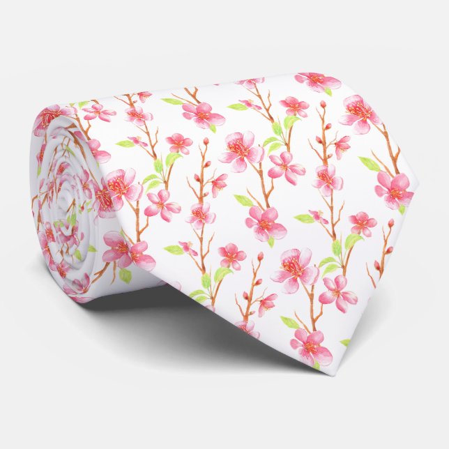 Pink Oriental Sakura Cherry Blossoms Tie (Rolled)