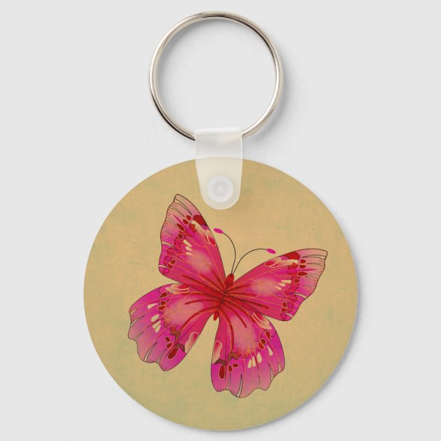 Pink Oriental vintage butterfly art Keychain (Front)