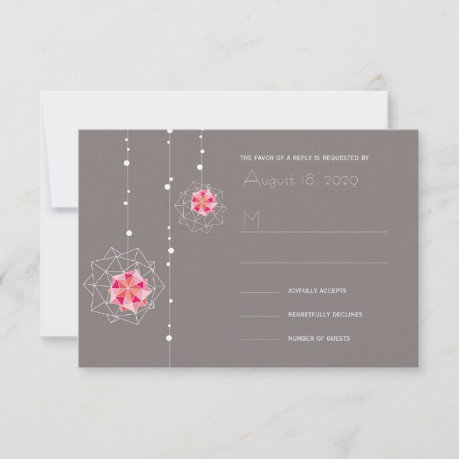 Pink Origami Hanging Ornament Lights Asian Wedding RSVP Card (Front)