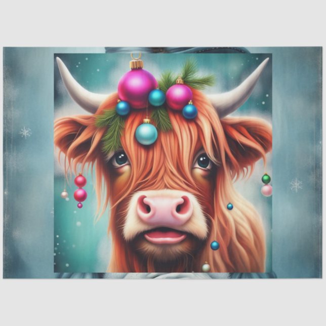 Pink Ornament Highland Cow Decoupage Paper  (Front)