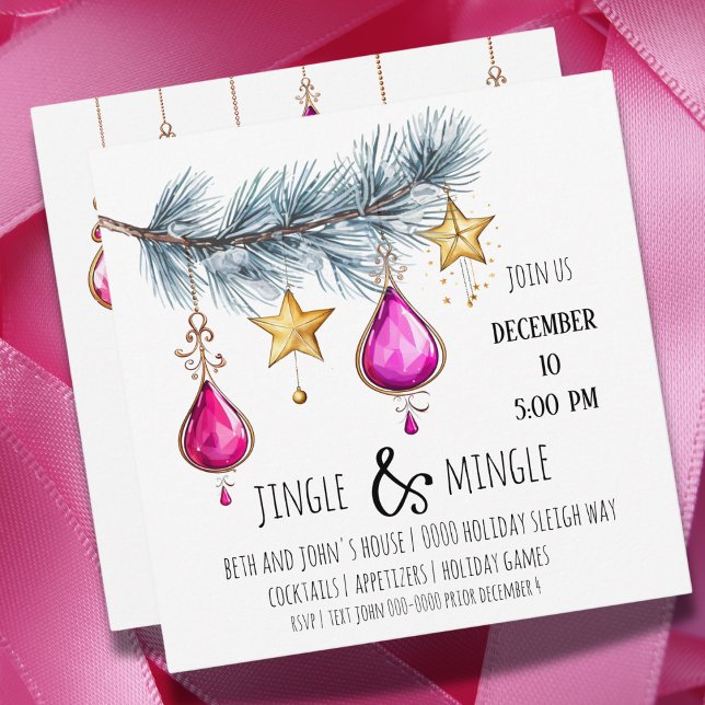 Pink Ornaments and Gold Stars with Tree Party  Invitation (Pink and gold jingle and mingle party invitation you can customize. )