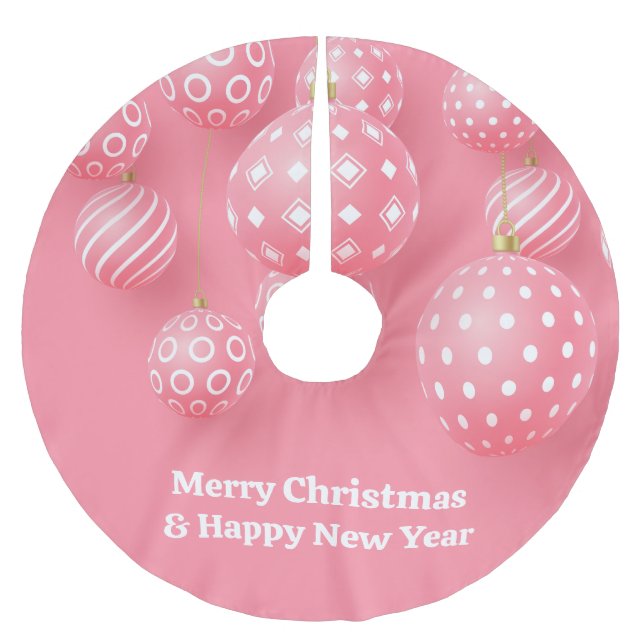 Pink Ornaments Merry Christmas And Happy New Year Brushed Polyester Tree Skirt (Front)