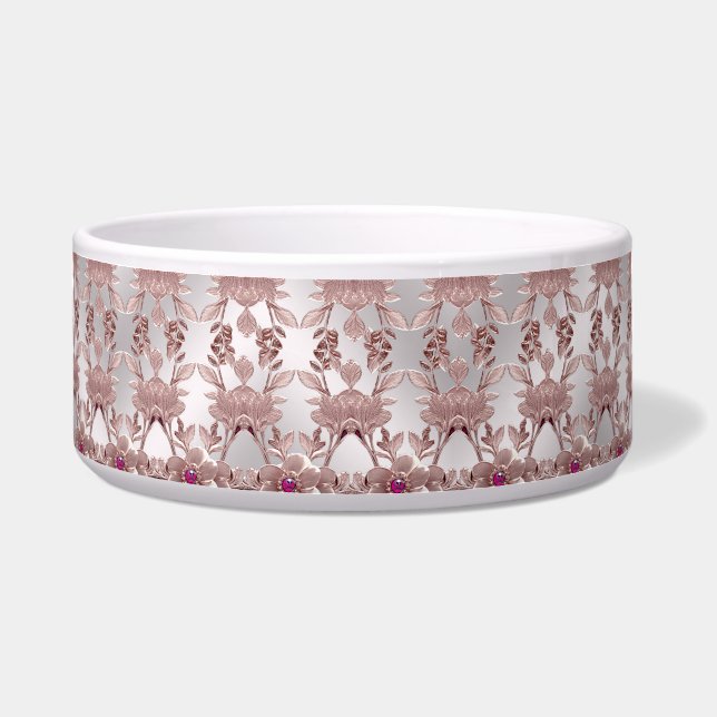 Pink Ornate Floral Ceramic Pet Bowl (Front)