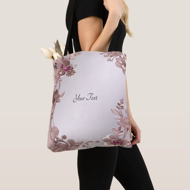 Pink Ornate Floral Tote Bag (Close Up)