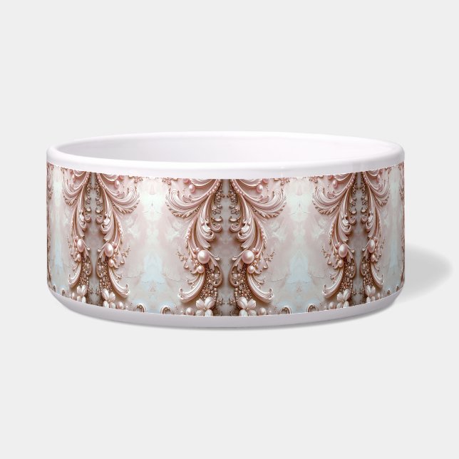 Pink Ornate Pearl and Floral Ceramic Pet Bowl (Front)