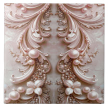 Pink Ornate Pearl and Floral Ceramic Tile